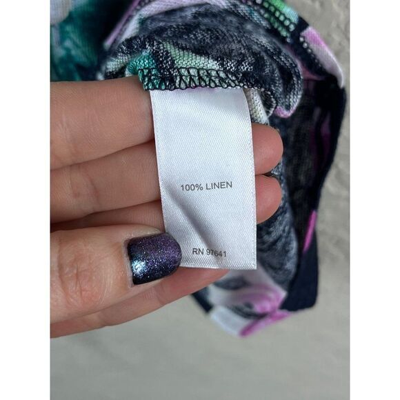 J. Jill Love Linen Tropical Floral Side Tie Short Sleeve Top Blouse Large Navy - Picture 7 of 9